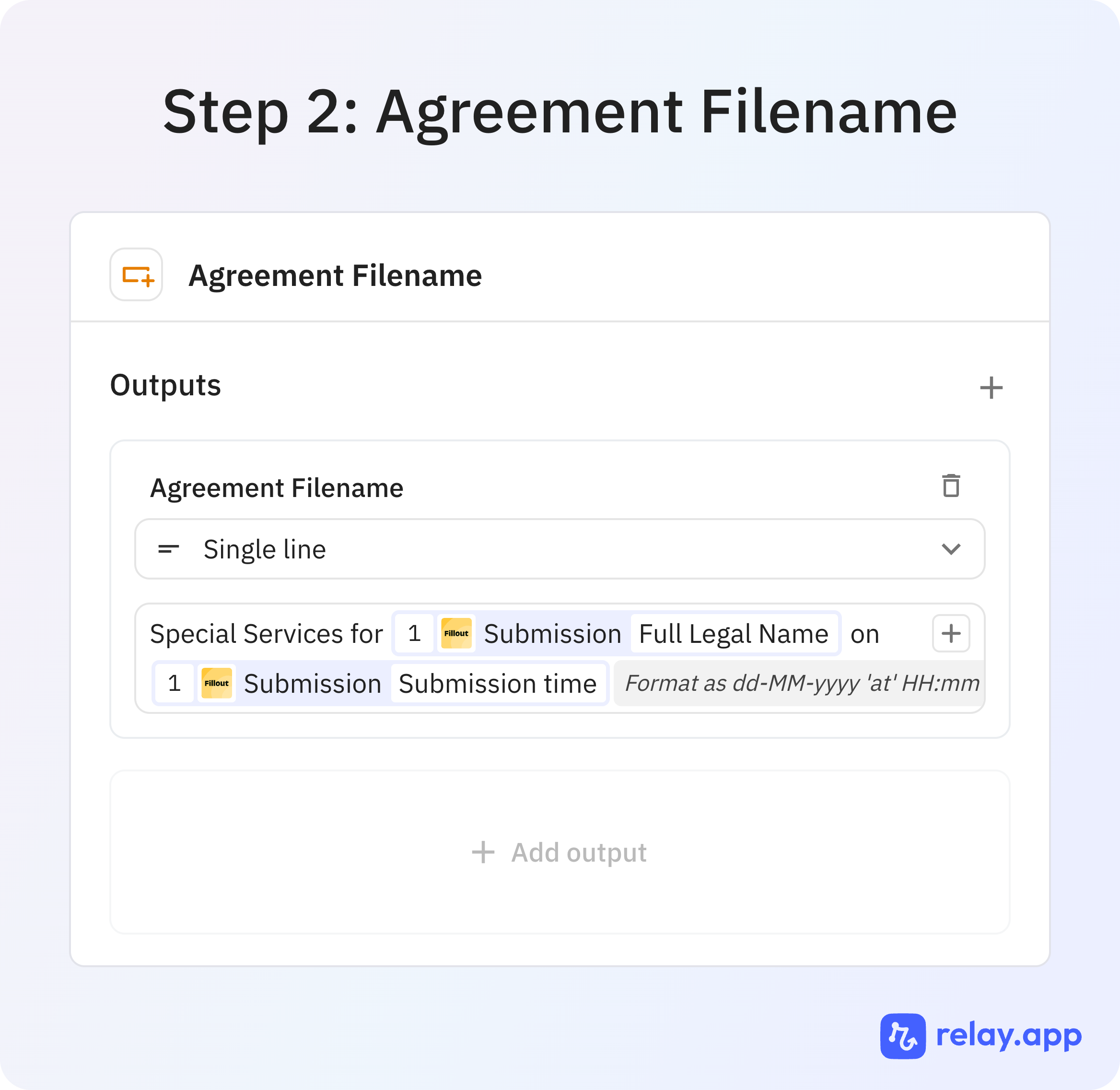 Step 3 of 7: Build the agreement filename. Create a predictable filename for the generated agreement.