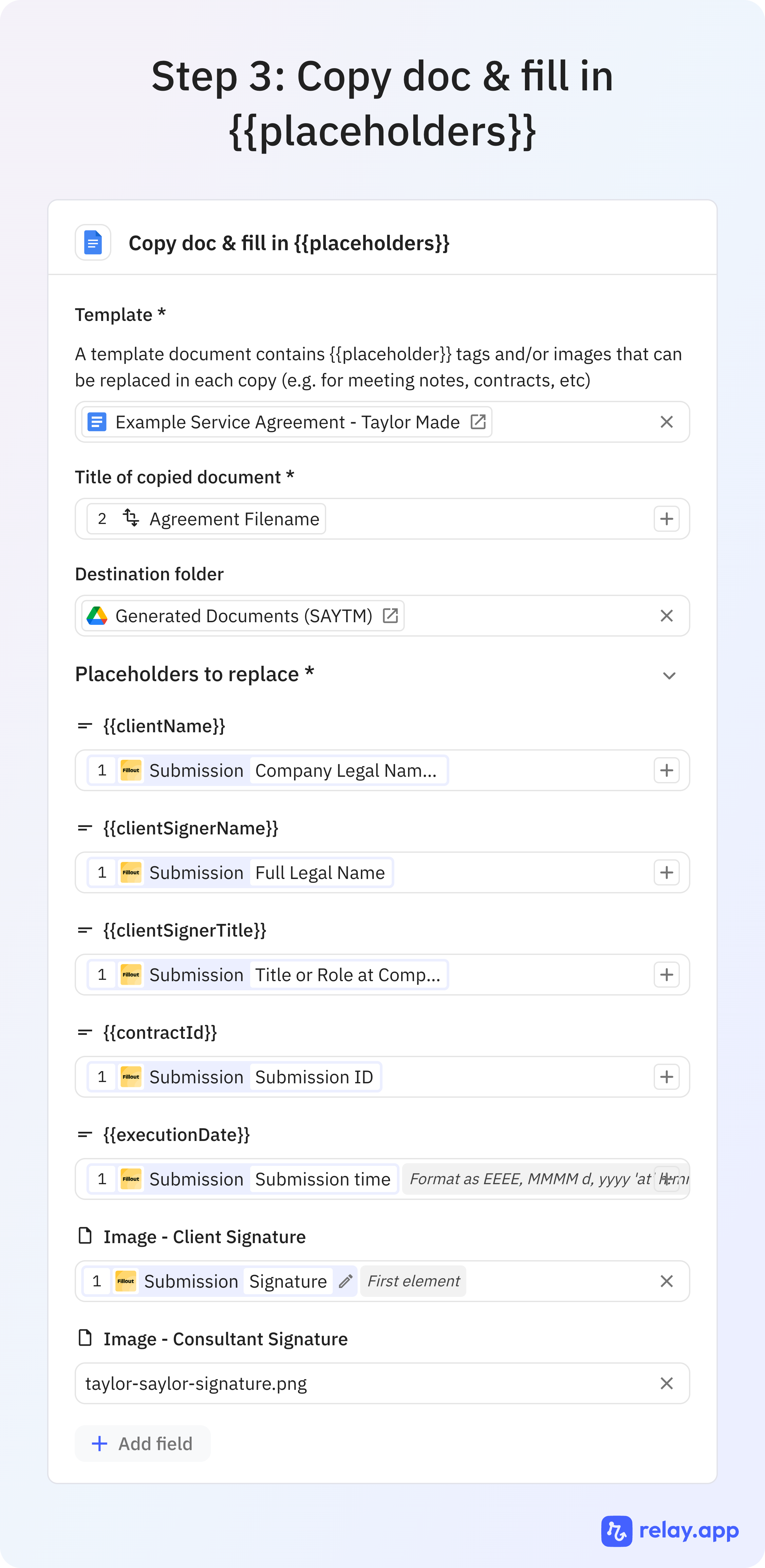Step 4 of 7: Copy the doc and fill placeholders. Relay copies the published Google Doc and merges the client details.
