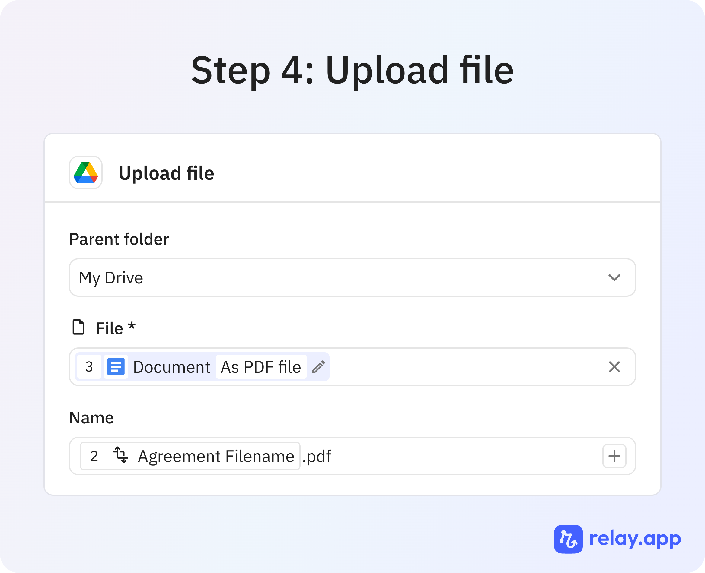 Step 5 of 7: Export and upload the PDF. The completed agreement is exported and uploaded to Google Drive.