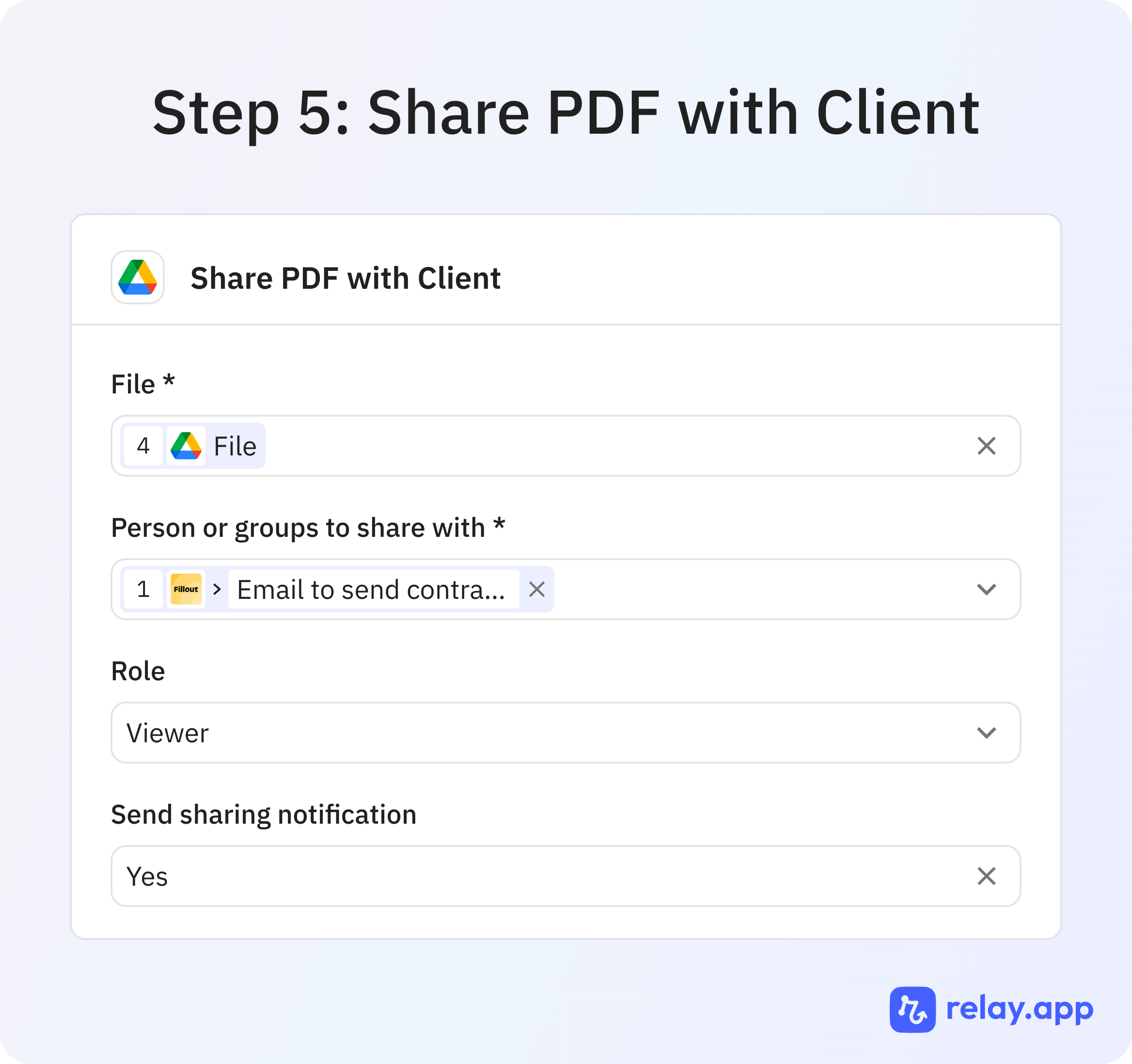 Step 6 of 7: Share the PDF with the client. Share the generated file with the email address from the intake form.