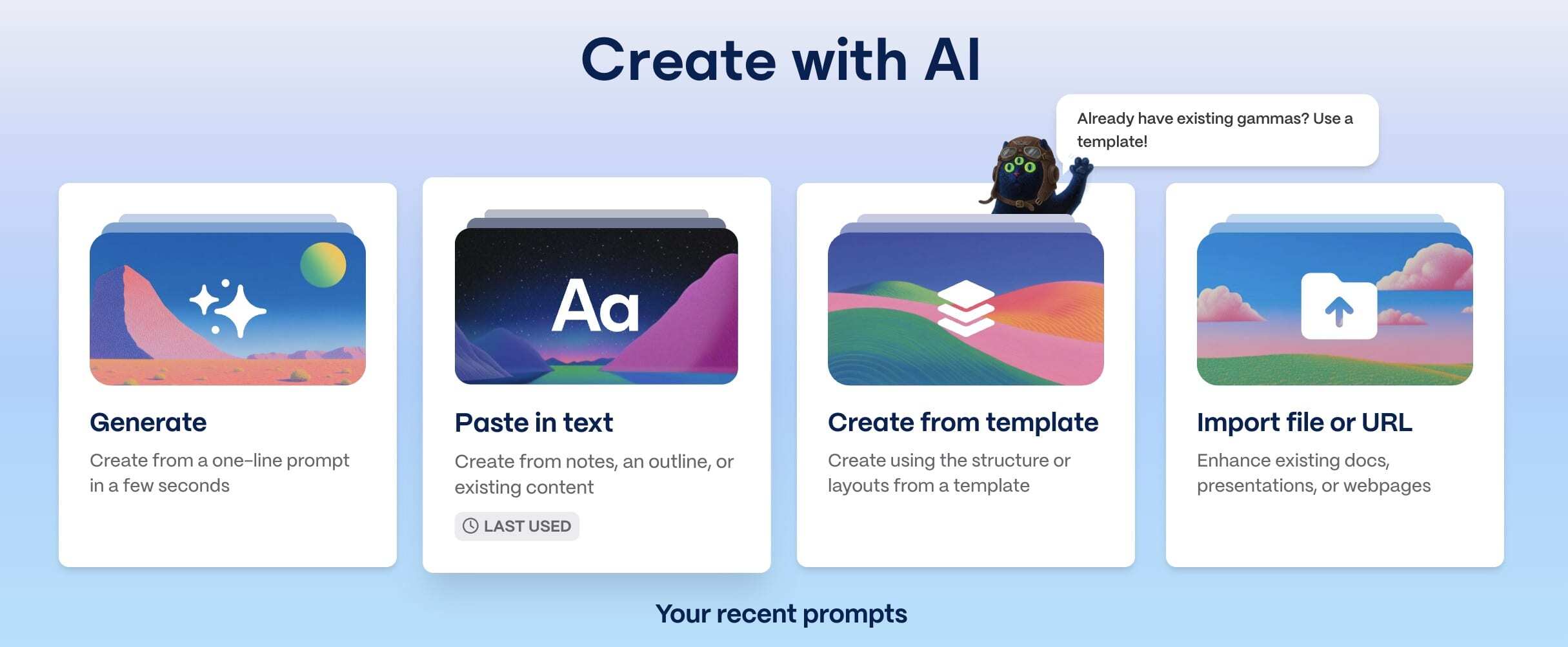 Gamma's Create with AI screen showing four options: Generate, Paste in text, Create from template, and Import file or URL.