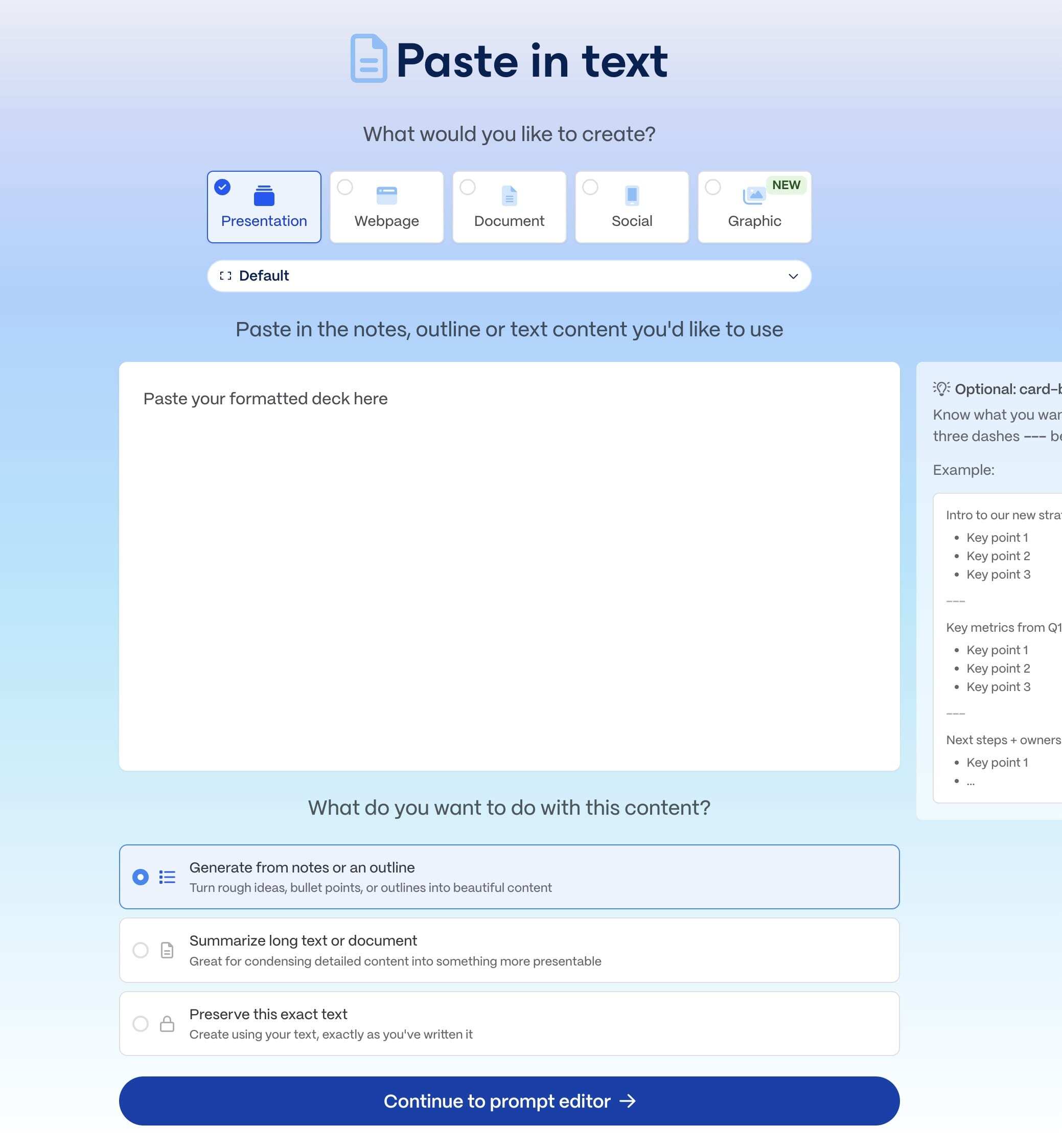 Gamma's Paste in text screen with a format row, a box to paste your deck, and the option Generate from notes or an outline selected.